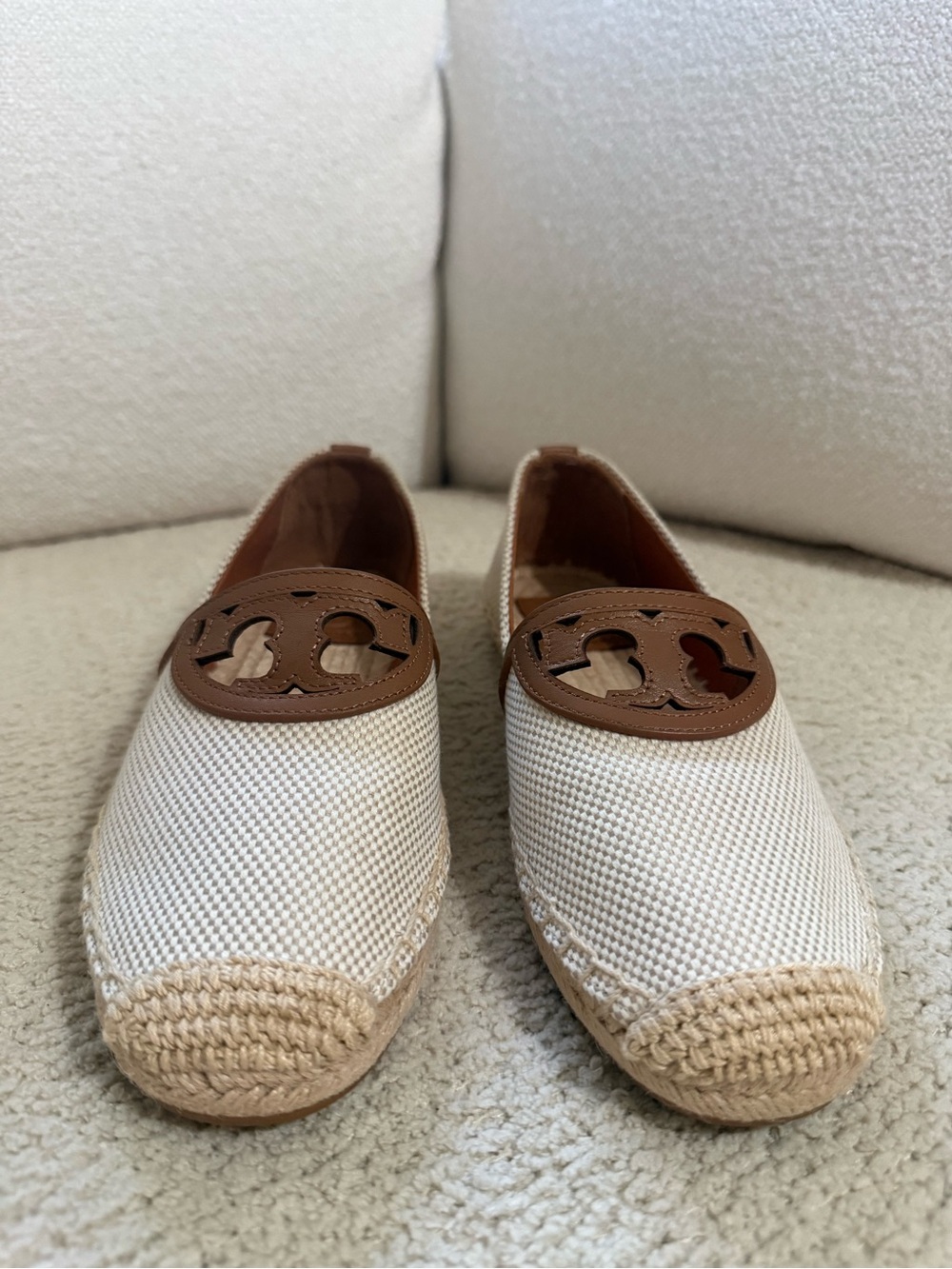 Tory Burch Cream Canvas Espadrilles with Brown Leather Logo